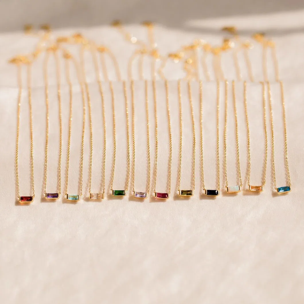 Custom Minimalist Natural Stone Silver S925 Sterling Jewelry 14K Gold Plated Zircon Baguette Square Birthstone Gemstone Necklace