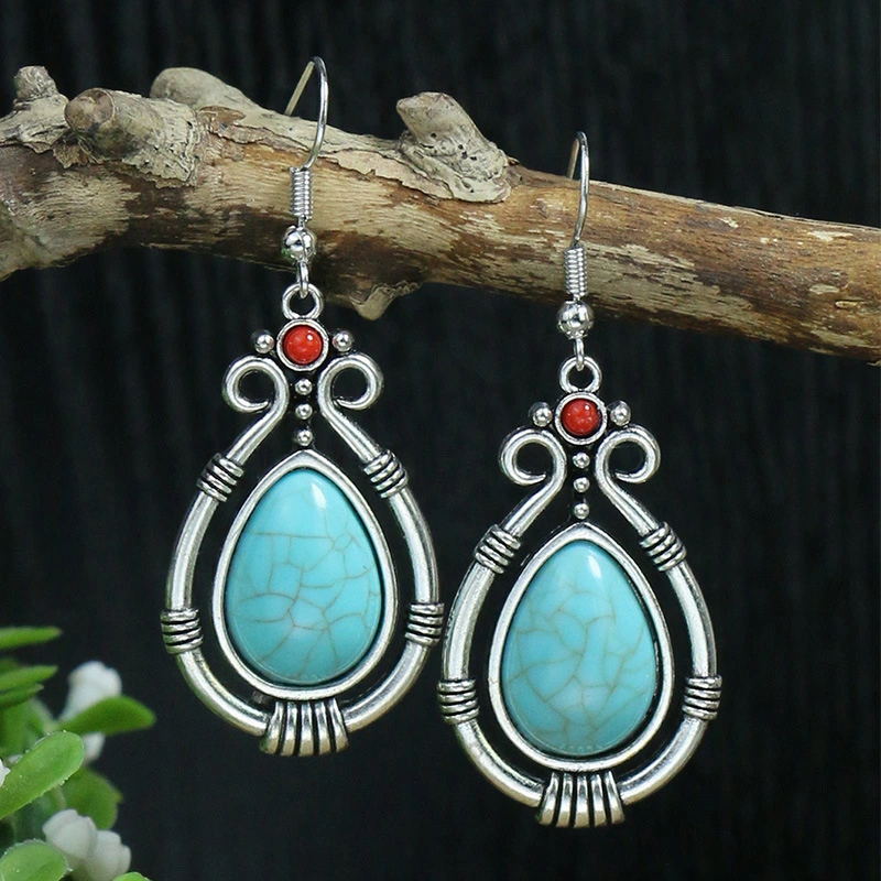 Bohemia Retro Turquoise Stone Vintage Drop Long Earrings Jewelry for Women