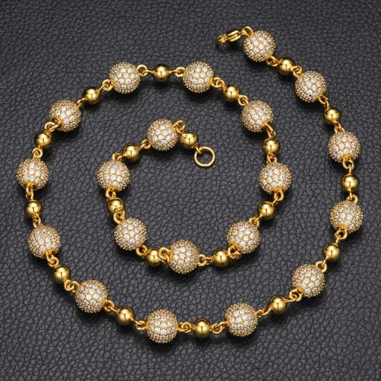 Chaîne de perles glacées de 10mm, nouveau Design, collier en laiton plaqué or 18 carats, diamant Aaaaa CZ, vente en gros, bijoux à la mode